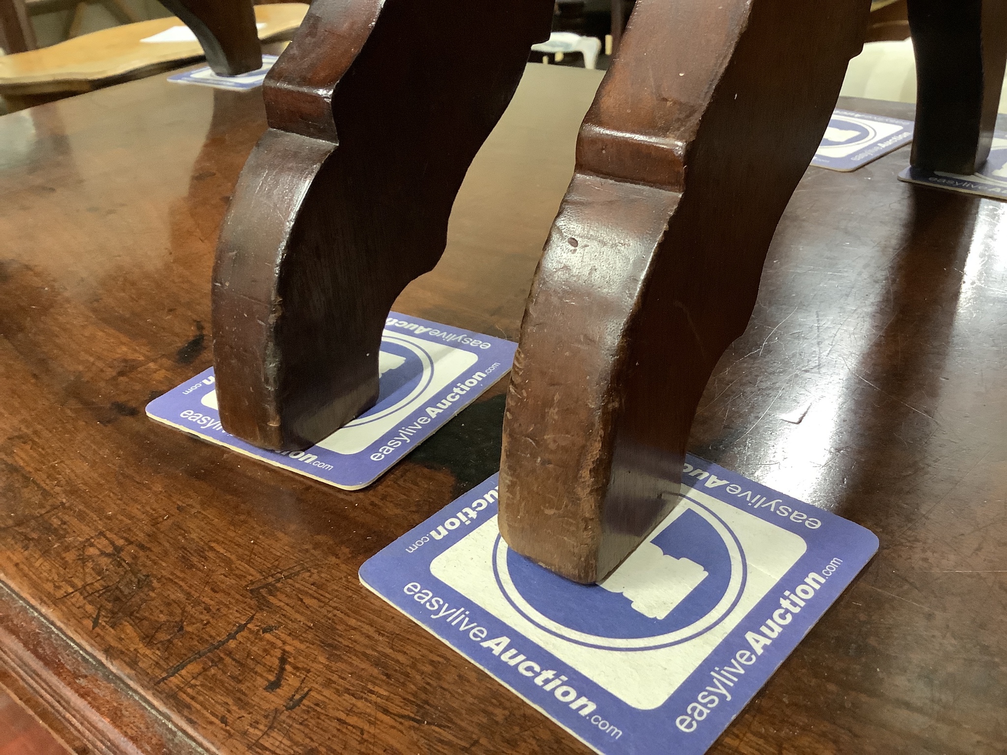 A pair of Victorian style mahogany hall seats in the manner of Shoolbred. W-47, D-38, H-76cm.